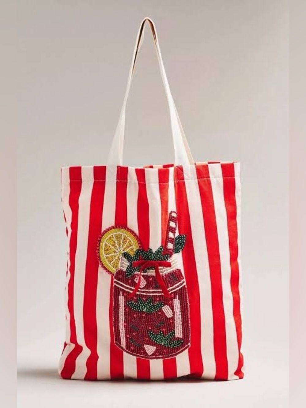 New Anthropologie Printed Beaded Canvas Tote Bag